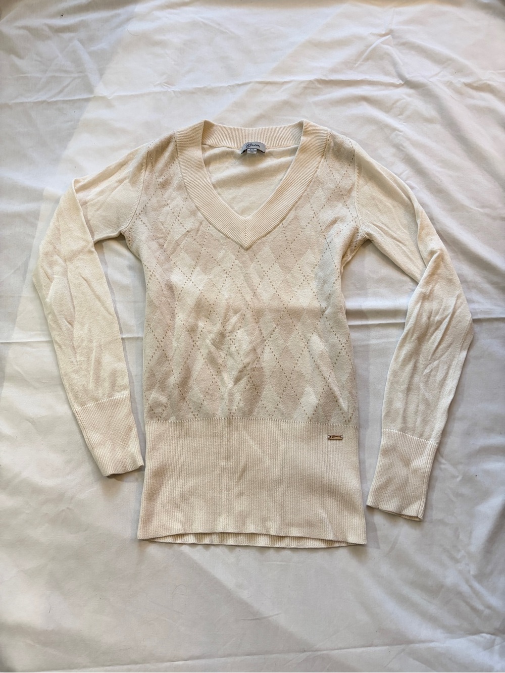 Guess Cream V-Neck Argyle Knit Sweater